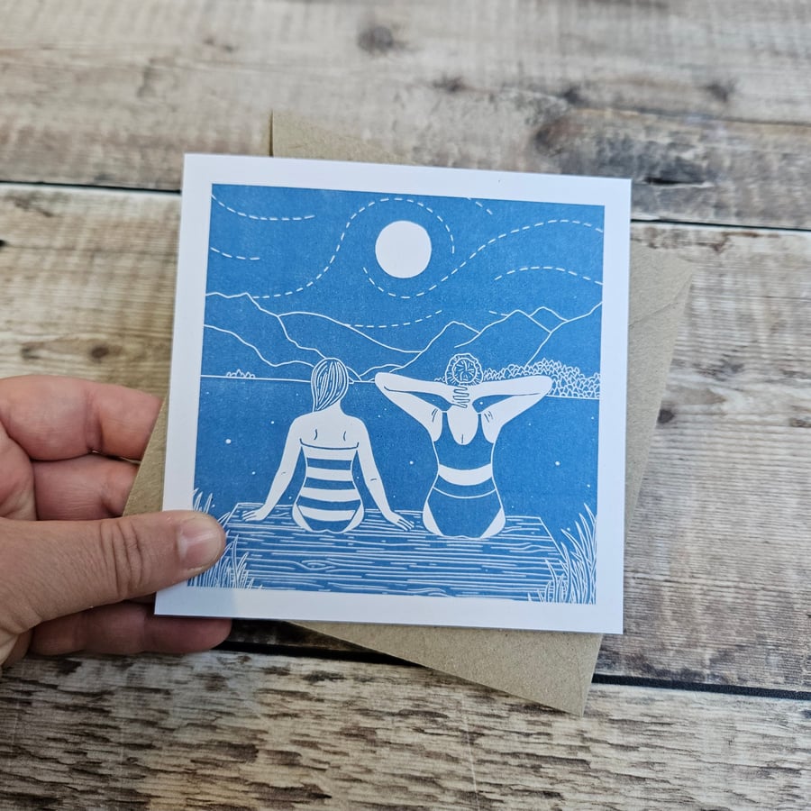 Kindred Spirits- Single square greetings card inspired by wild swimming 