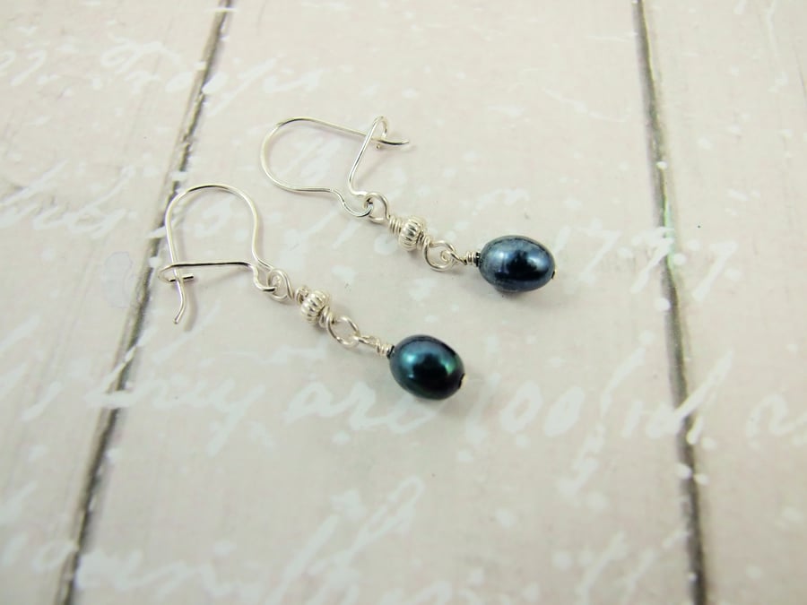 Earrings, Sterling Silver Dark Blue Pearls