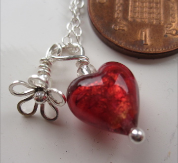 Little Red Heart & flower Sterling Silver Pendant 