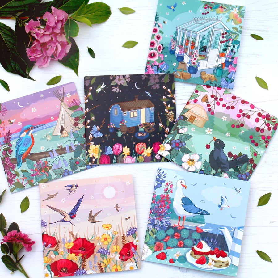 Set of 6 Spring and Summer Notecards with free shipping