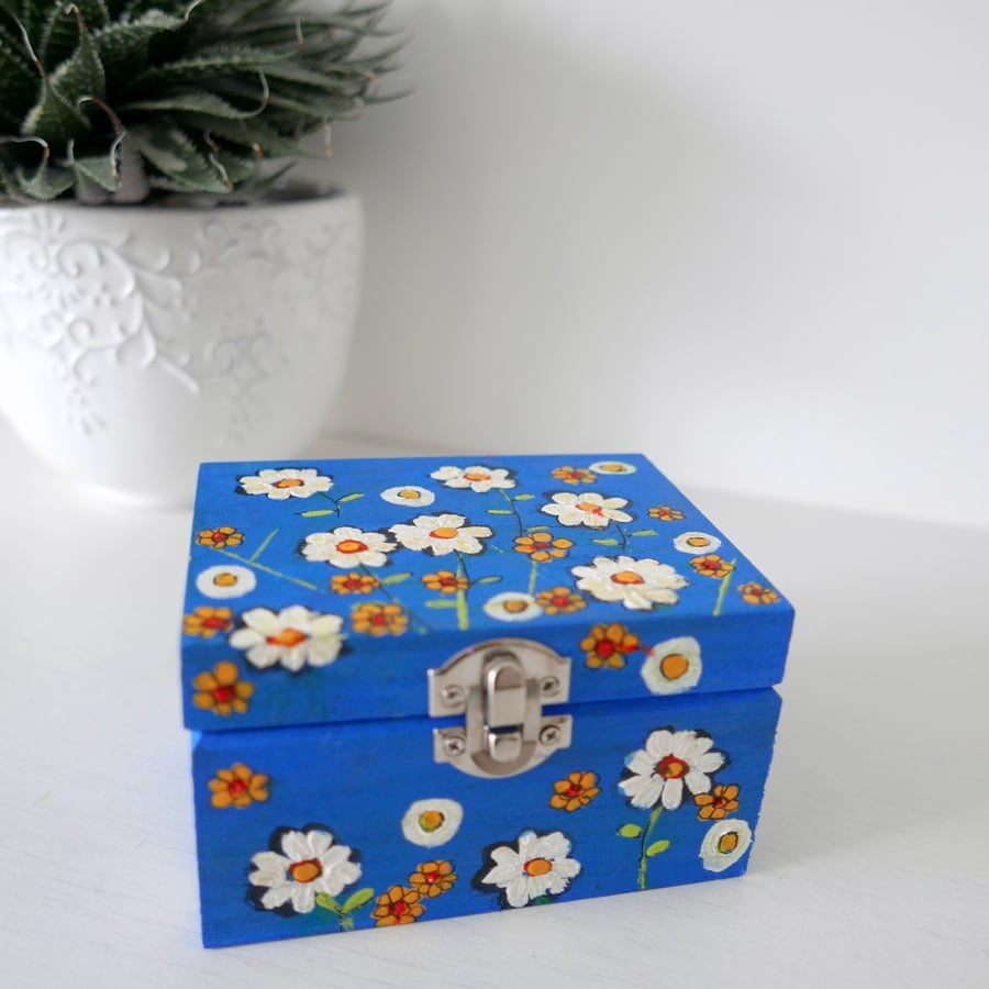 Blue Decorative Trinket Box White Daisy Art Wildflowers Personalised 
