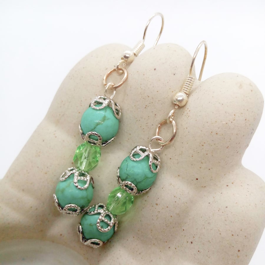 Green Dyed Turquoise and Green Crystal Earrings For Pierced Ears