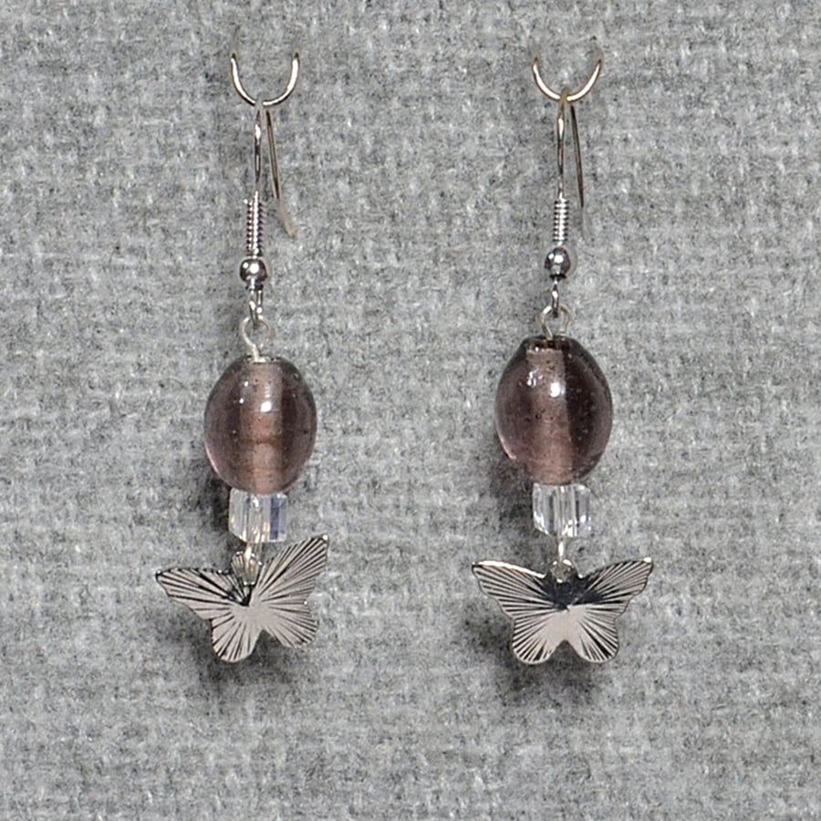 Butterfly and Purple Glass Bead Earrings with AB Crystal Cube