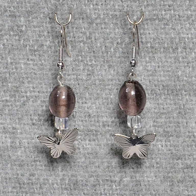 Butterfly and Purple Glass Bead Earrings with AB Crystal Cube