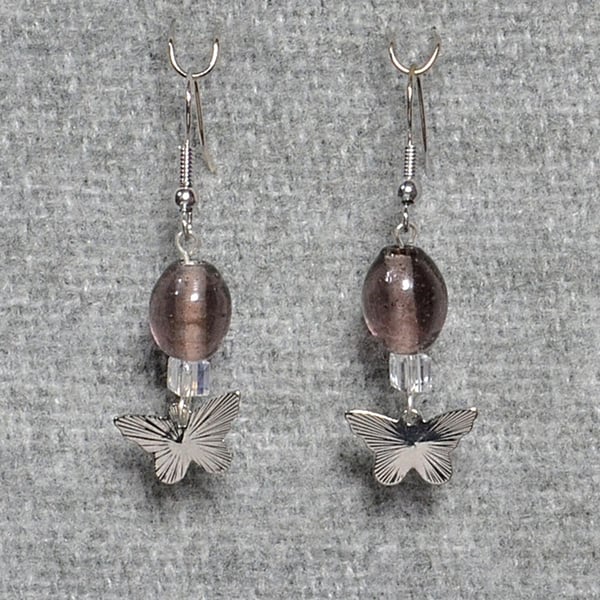 Butterfly and Purple Glass Bead Earrings with AB Crystal Cube