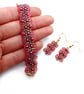 Shimmering pink, red and rainbow picot beaded bracelet and earrings set