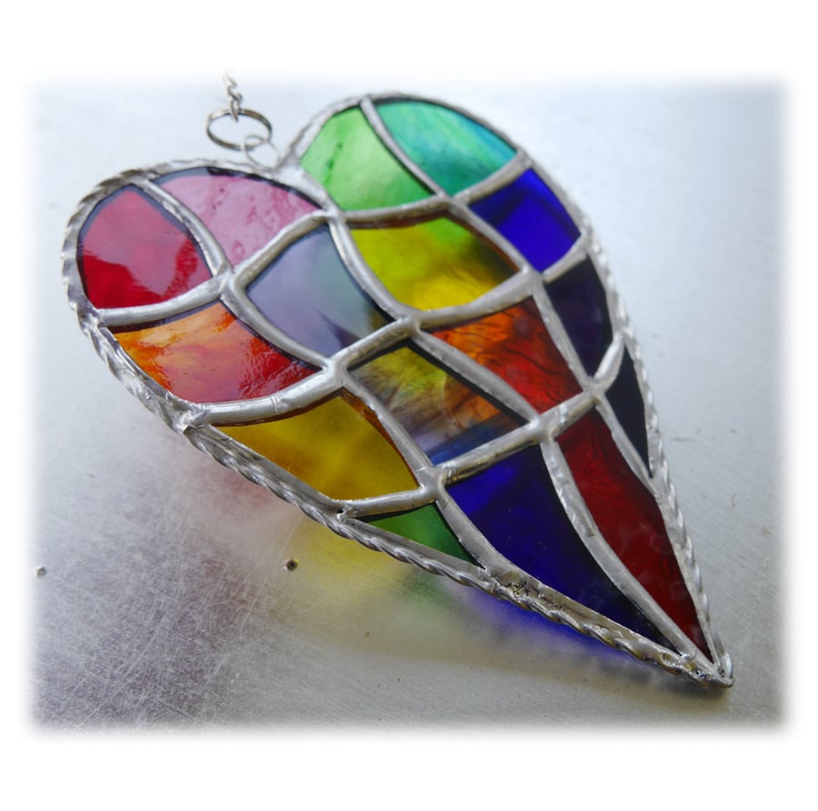 Patchwork Heart Suncatcher Stained Glass Handmade Rainbow 045