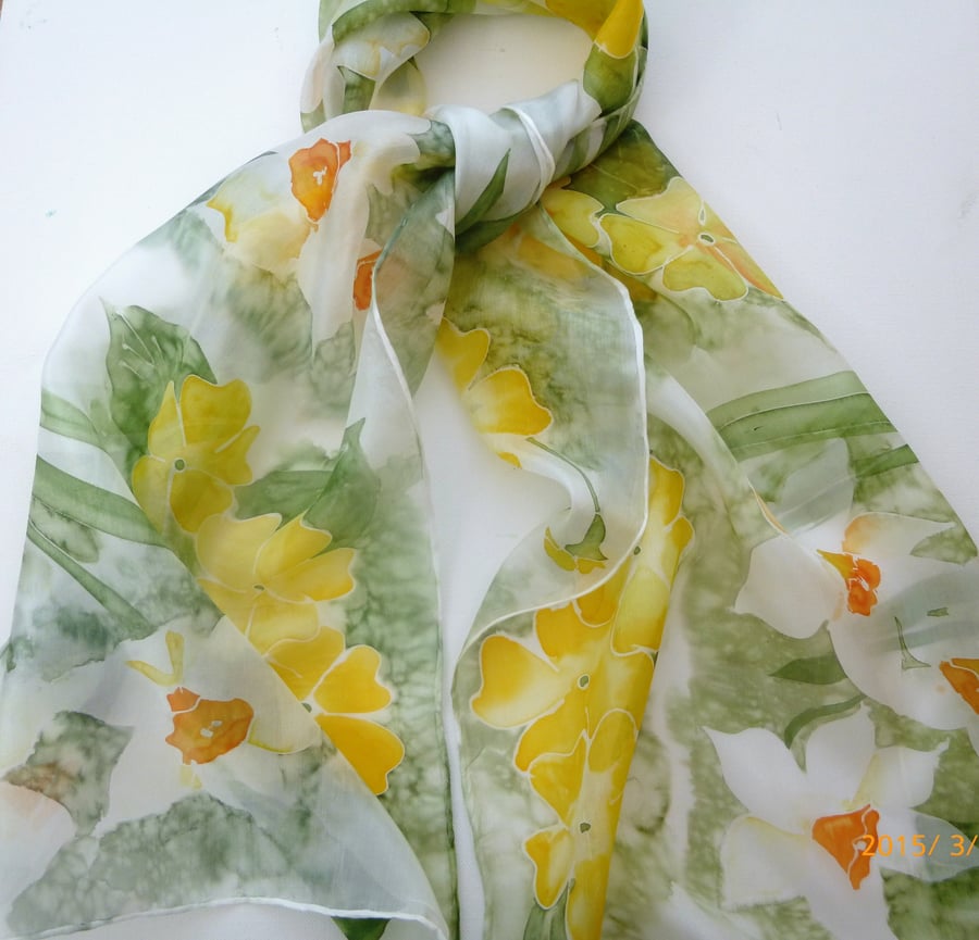Narcissus and Primrose  hand painted silk scarf