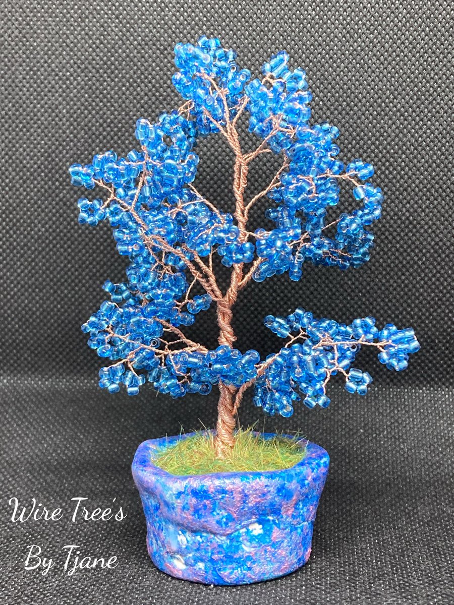 Wire tree sculpture blue beaded tree 