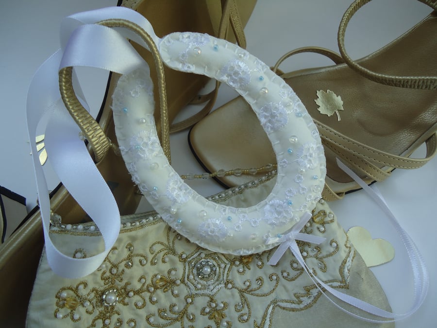 SALE! Hand-stitched Broderie Anglaise Bridal Horseshoe, Tiny Blue Beads