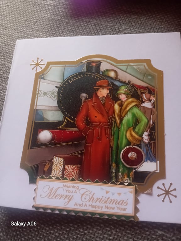 Retro Couple By Train Christmas card 