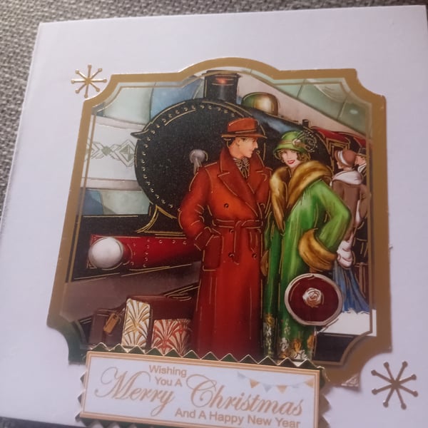 Retro Couple By Train Christmas card 