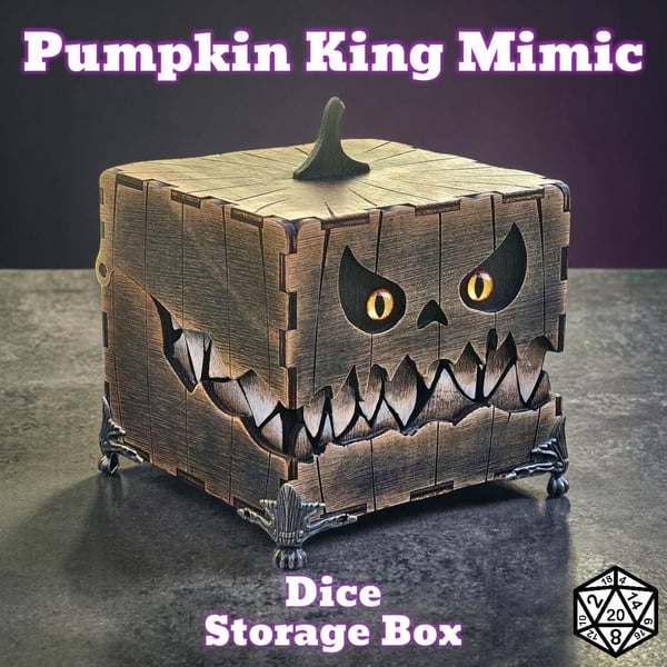 Pumpkin King Mimic Wooden Dice Box: Red Velvet Interior, Brass Feet