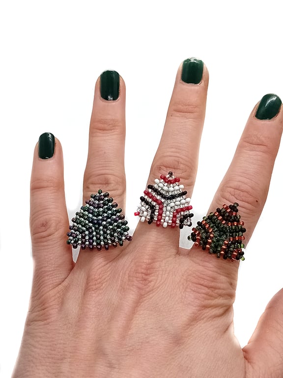 Funky beaded striped triangle adjustable ring