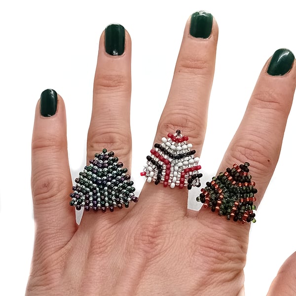 Funky beaded striped triangle adjustable ring