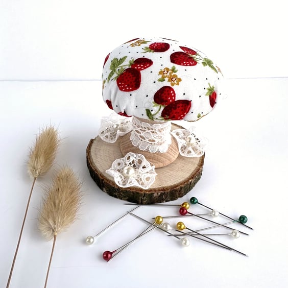 Mushroom Pin Cushion with Stawberries Pattern