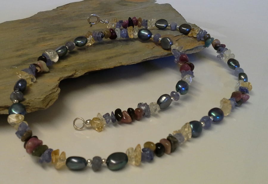 Ombre Tanzanite & Multi Gemstone and Pearl Necklace