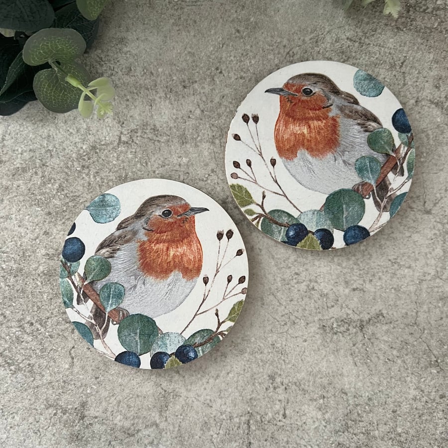 Bamboo Coasters Set of 2: Decoupage Robin - Home Decor, Dining, Gifts, Kitchen