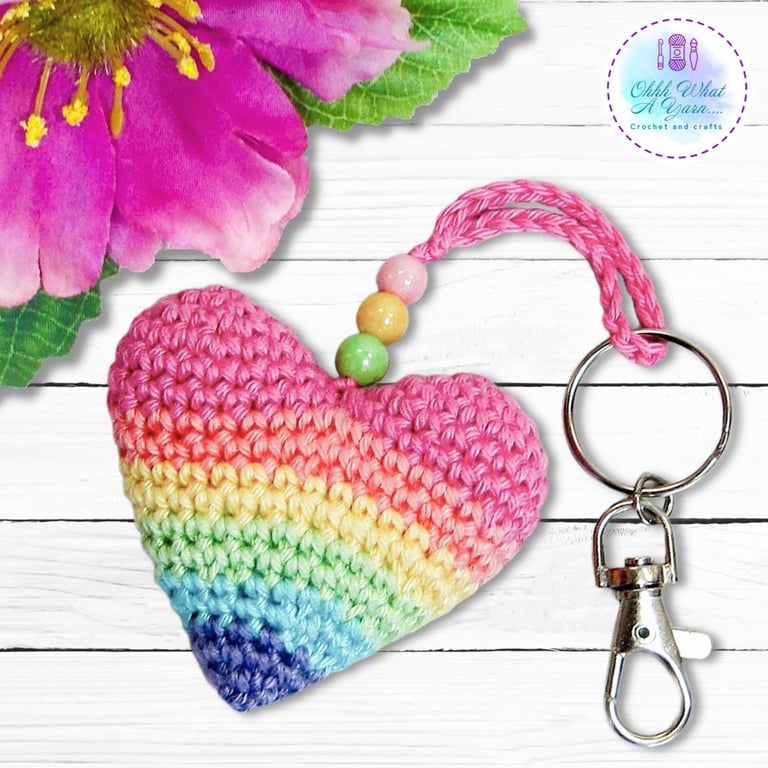 Crochet pastel rainbow heart, heart bag charm, hanging decoration, key ring. 