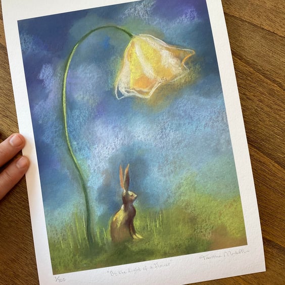 Hare Art print - Flower Art print, Hare drawing, rabbit art, pastel art