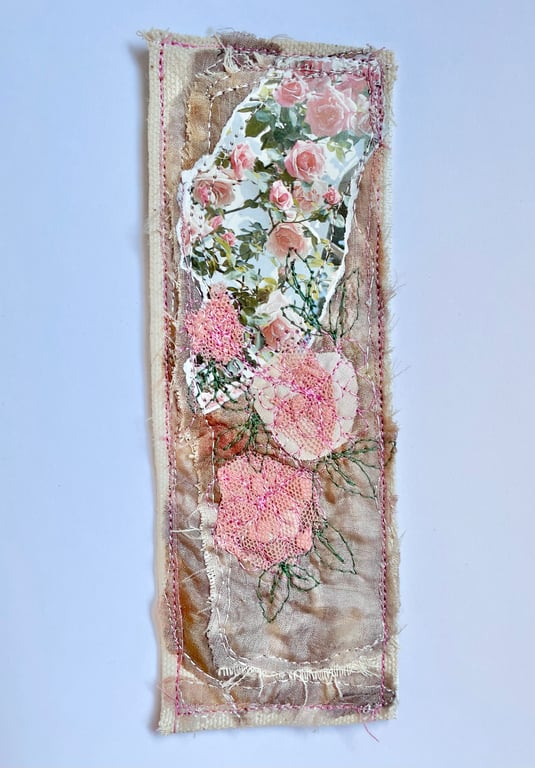 Handcrafted pink floral fabric bookmark, hand embroidered 