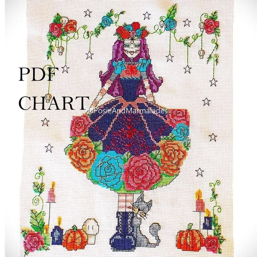 Image of Roses and Skulls lady Day of the dead theme cross stitch Instant Download chart