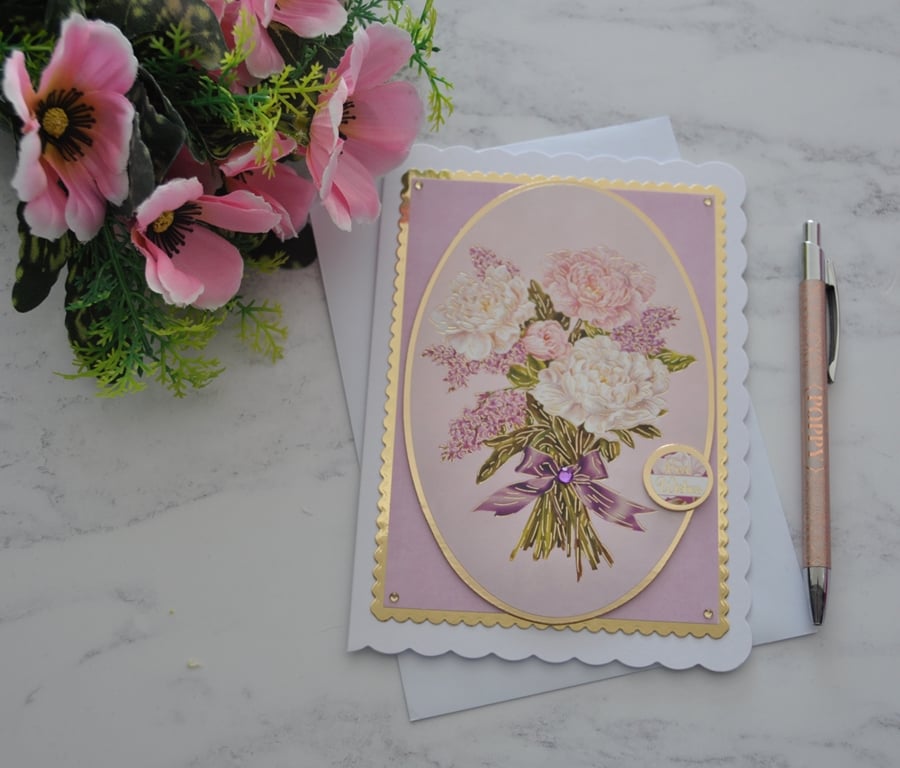 Best Wishes Birthday Card Vintage Flowers Bouquet 3D Luxury Handmade Card