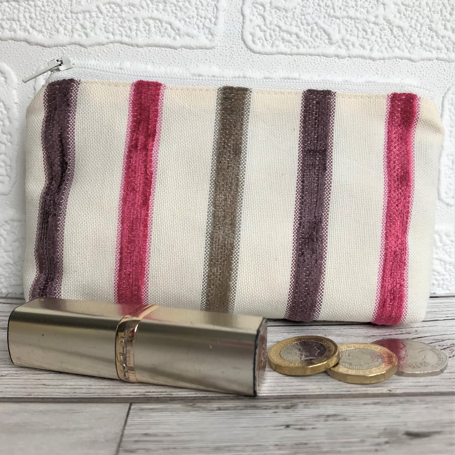 Large purse, coin purse in pale cream with plum and magenta textured stripes