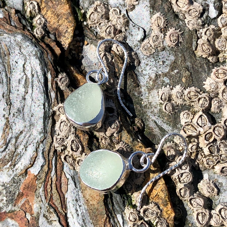 White Grey Sea Glass  and Sterling Silver Drop Earrings - 1141