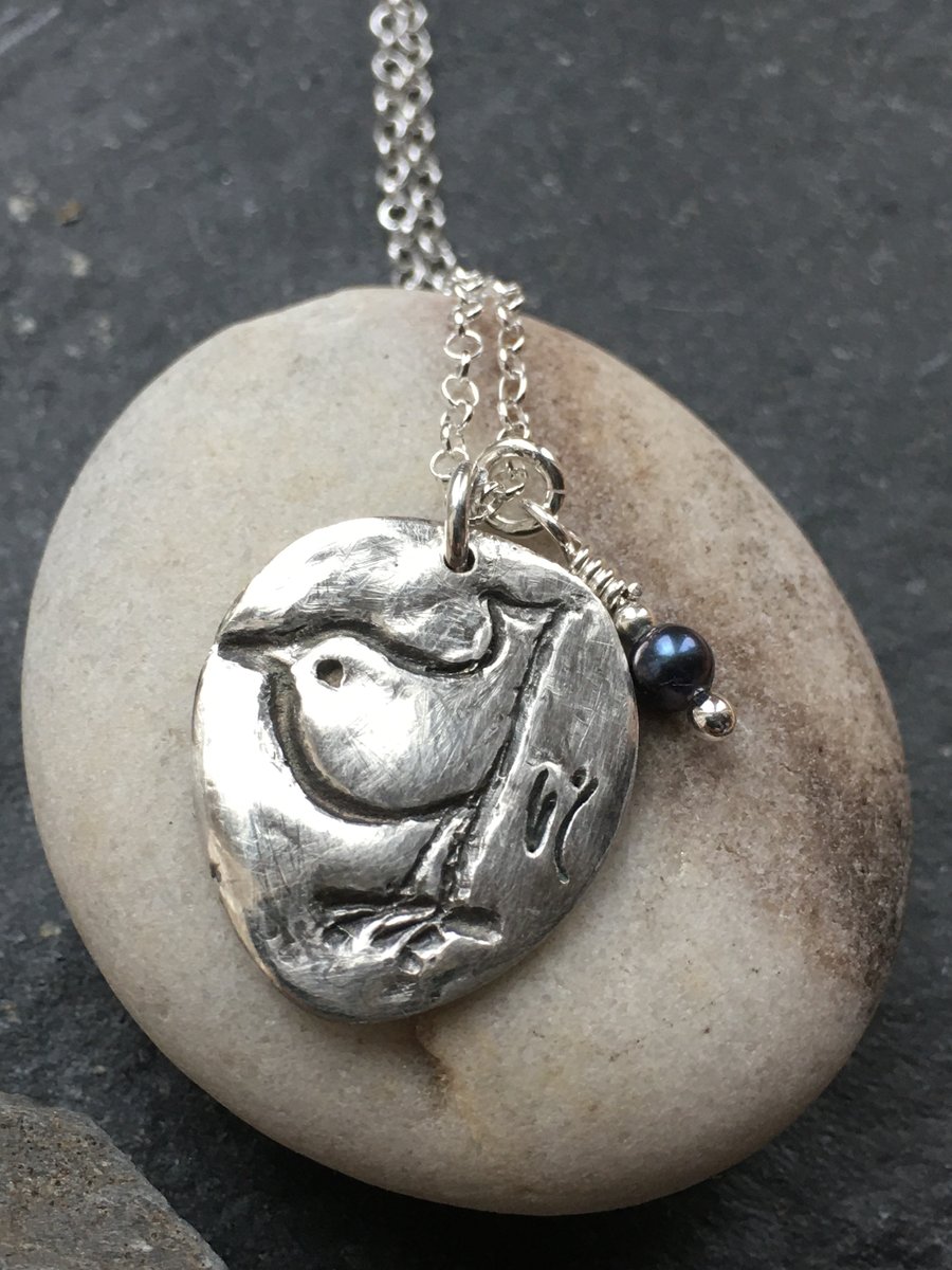 Wren pendant, handmade in fine silver on sterling silver chain 