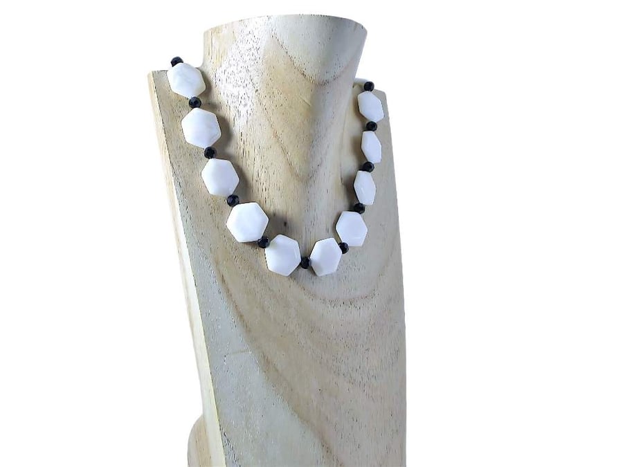 White Hexagonal River Shell Beads & Faceted Black Crystals Handmade Necklace