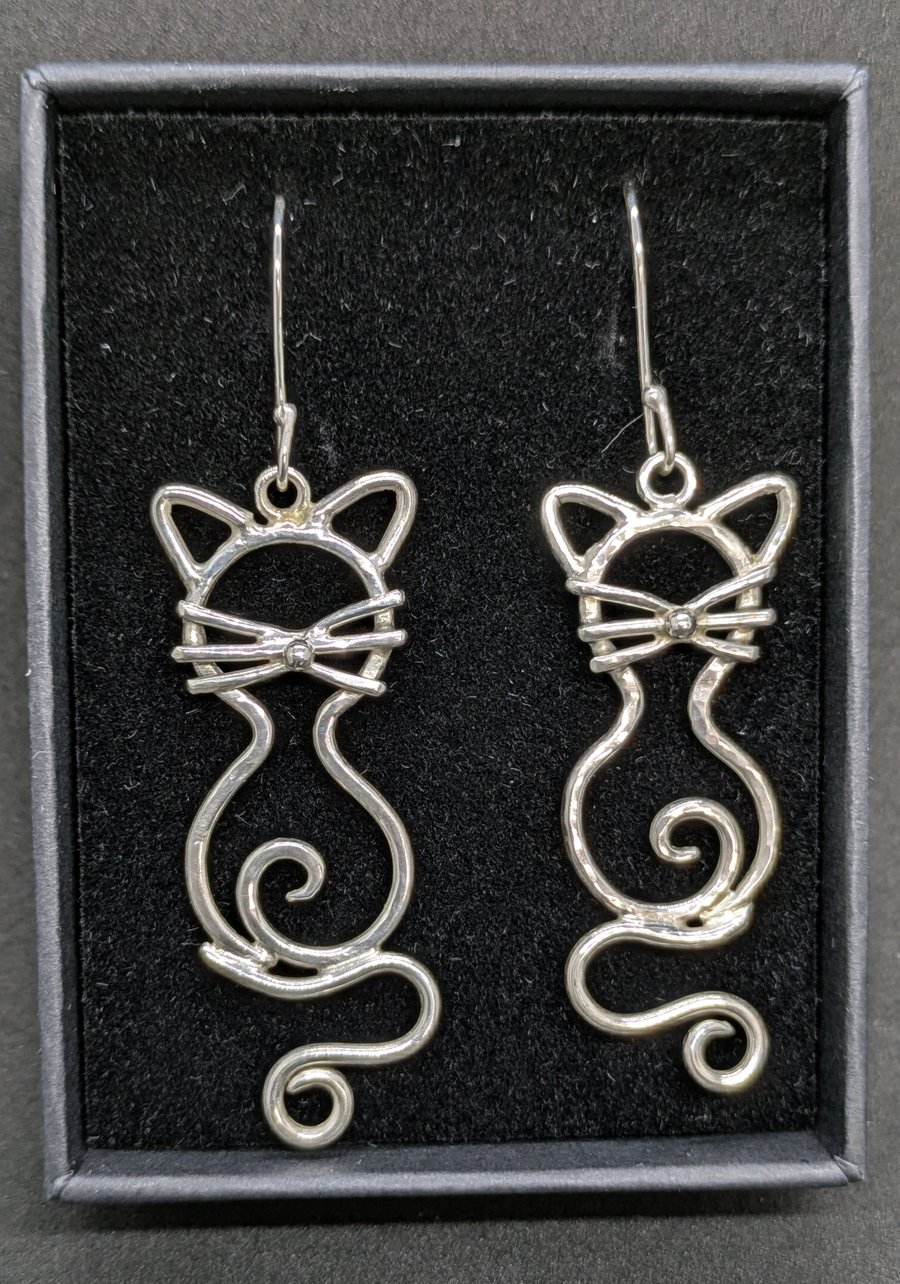 Sterling silver dangly cat earrings