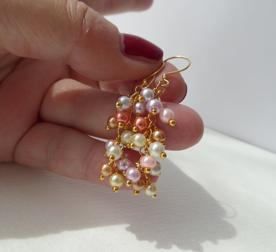 Pastel Pearl Gold Earrings, Pale Multicolored Yellow Gold Vermeil