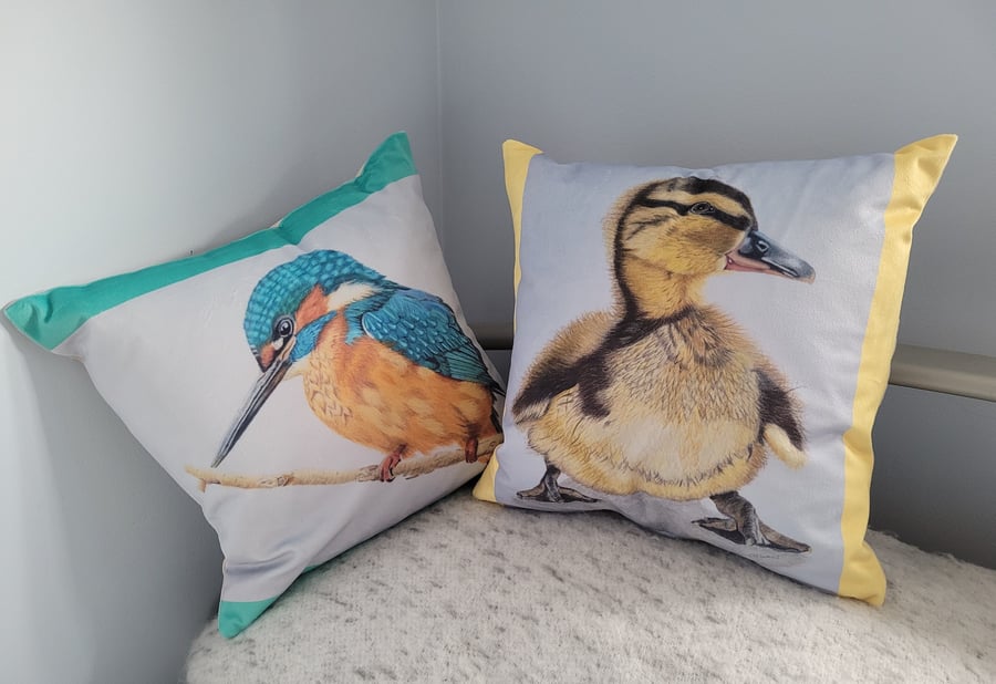 Cushions. Kingfisher, duckling and penguin cushions.