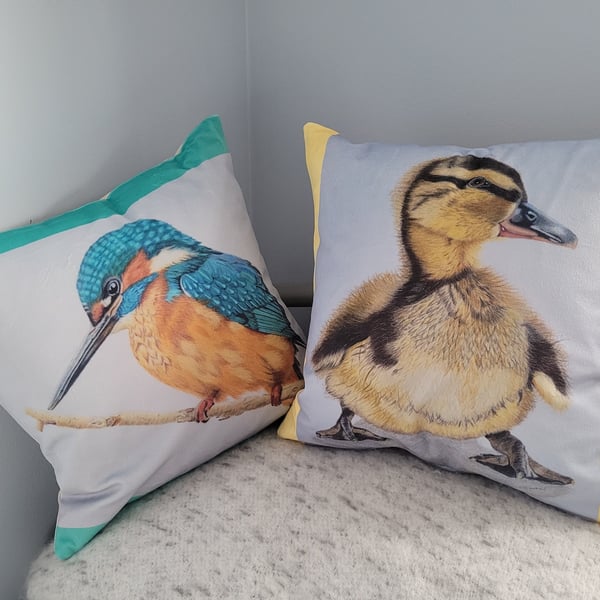 Cushions. Kingfisher, duckling and penguin cushions.