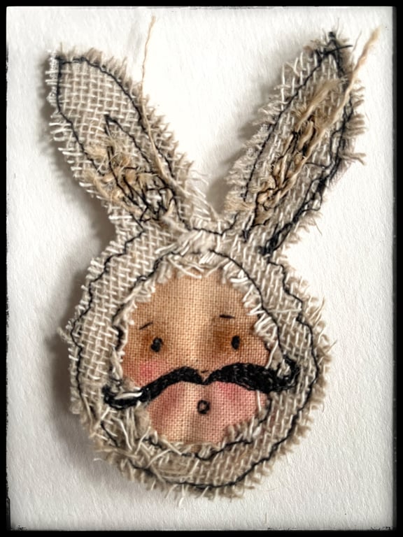 Harey Boy textile art moustachioed hare brooch