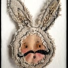 Harey Boy textile art moustachioed hare brooch