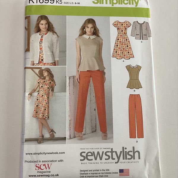 Sewing pattern, uncut, Simplicity K1699, top, jacket, trousers, dress