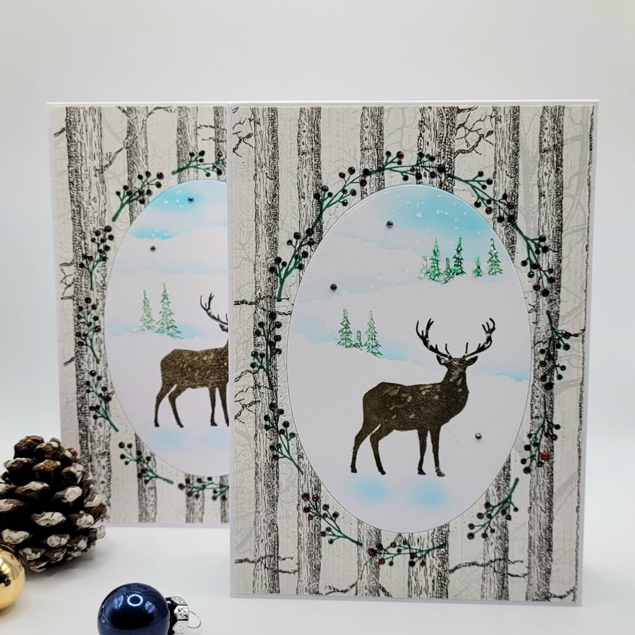 Winter Woodland Stag Christmas Card Set - Set of 2 Handmade Christmas Cards