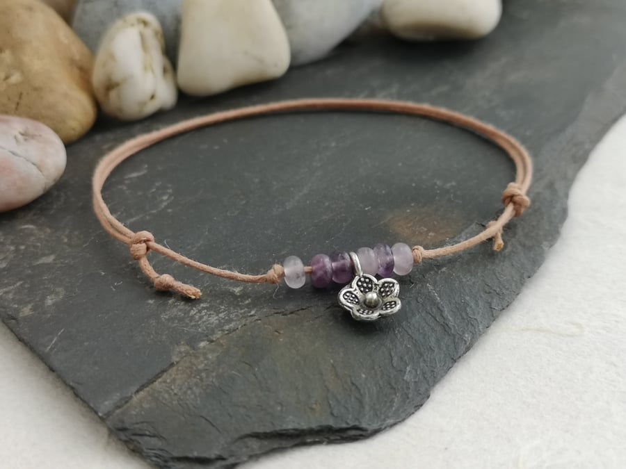 Adjustable cotton cord anklet with amethyst beads and flower charm 
