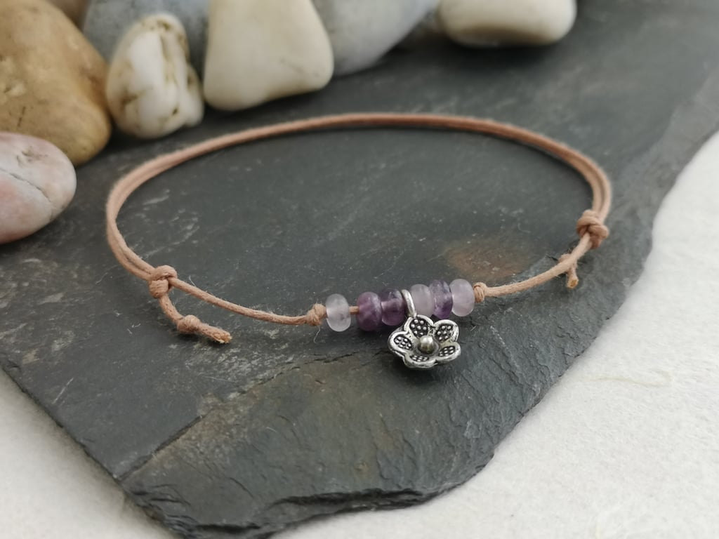 Adjustable cotton cord anklet with amethyst beads and flower charm 