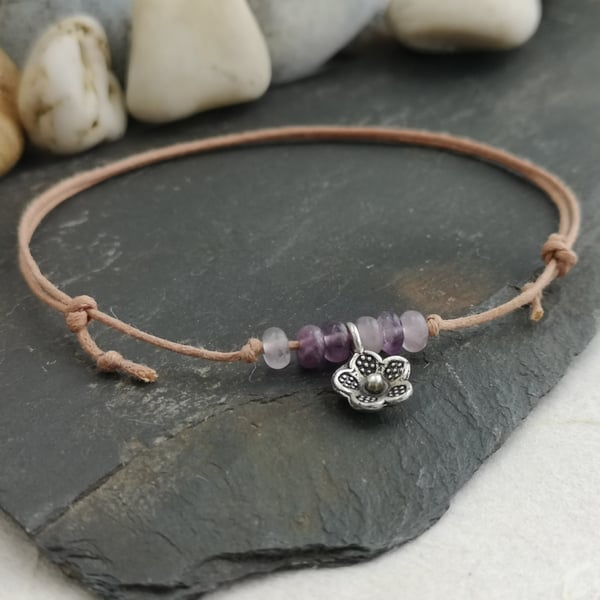 Adjustable cotton cord anklet with amethyst beads and flower charm 