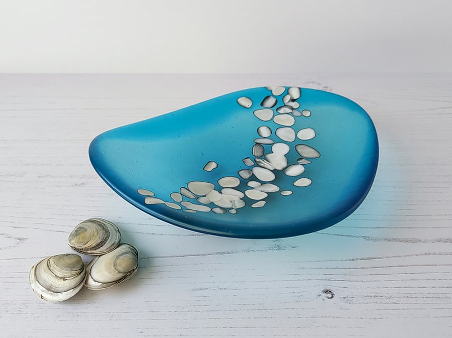 Turquoise glass dish, seaglass style, beach themed decor