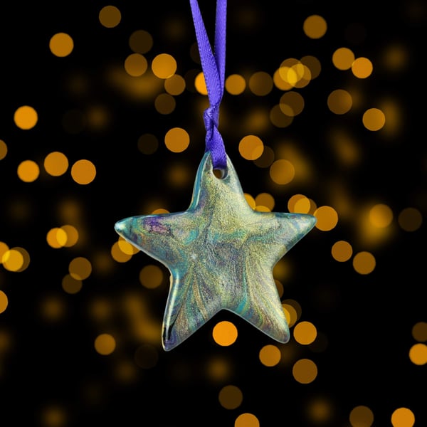 Small ceramic star christmas decoration purple gold turquoise 