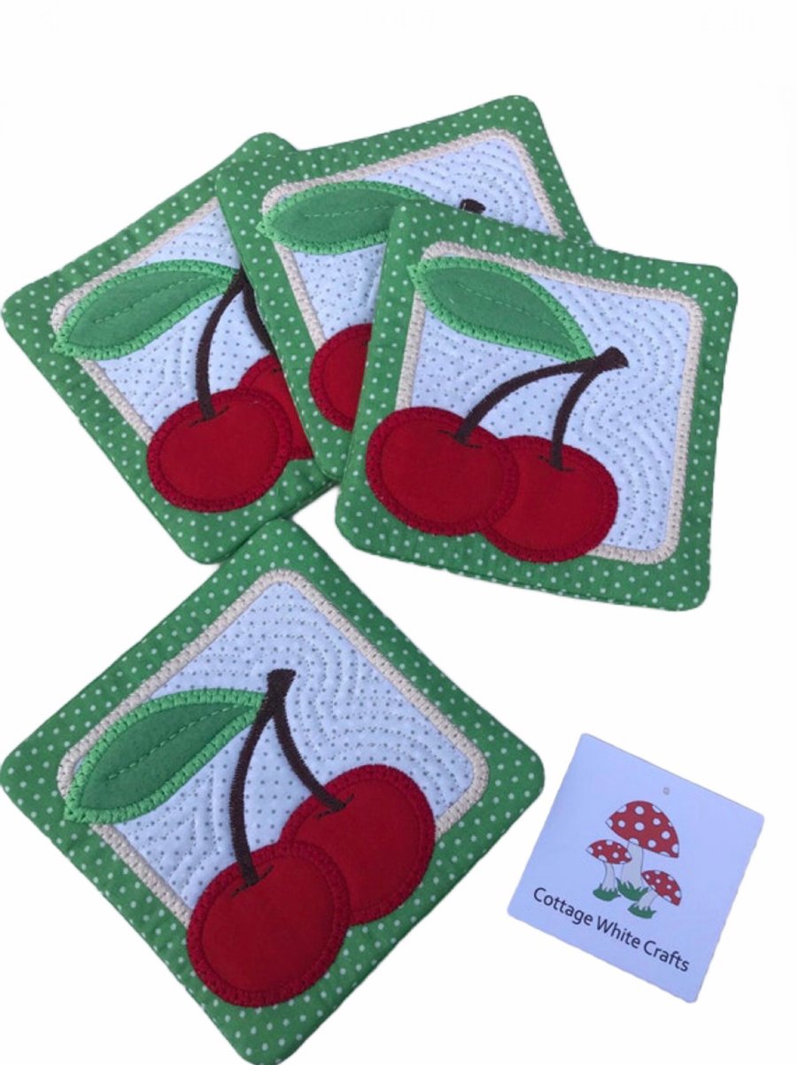 Coasters Drinks Mat Set of 4 Handmade Quilted With Teabag Pocket Cherry Design 