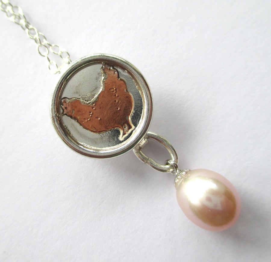 Silver Sterling Silver Chicken Necklace Hen Necklace with Pearl.  Handmade.