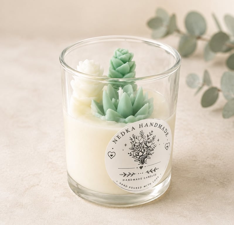 Handmade Green Succulent Candle in Glass Jar - Botanical Gift