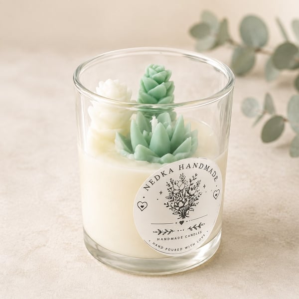 Handmade Green Succulent Candle in Glass Jar - Botanical Gift