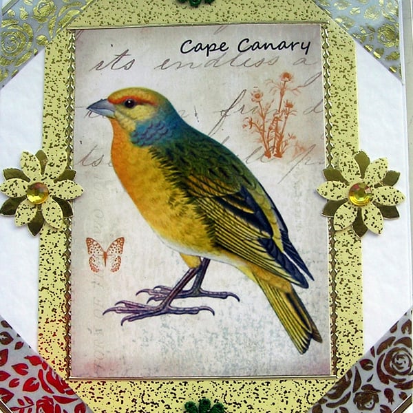 Yellow Cape Canary Bird - Hand Crafted Decoupage Greeting Card - Blank - 2934