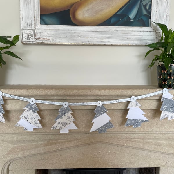 Hand crafted silver snowflake Christmas Tree quilted bunting